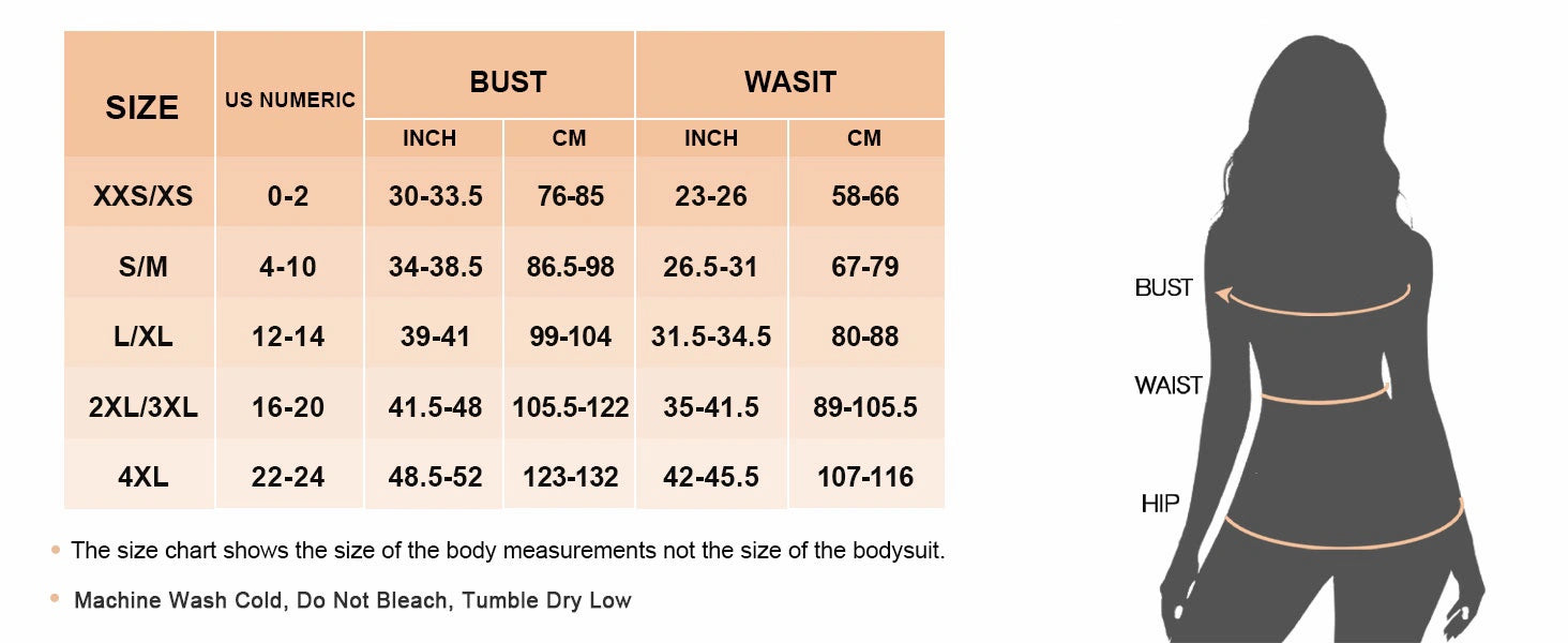 Guide des tailles du body gainant sans coutures ONOTOC, modèles du XXS au 4XL avec mesures du buste et de la taille