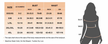 Guide des tailles du body gainant sans coutures ONOTOC, modèles du XXS au 4XL avec mesures du buste et de la taille